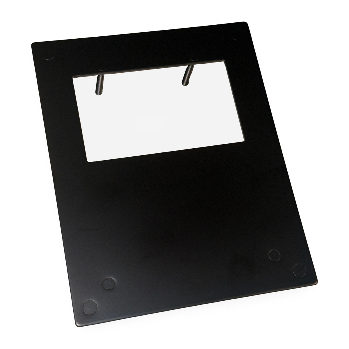 Universal bill acceptor mounting bracket, wide opening style, front view of the galvanized steel plate
