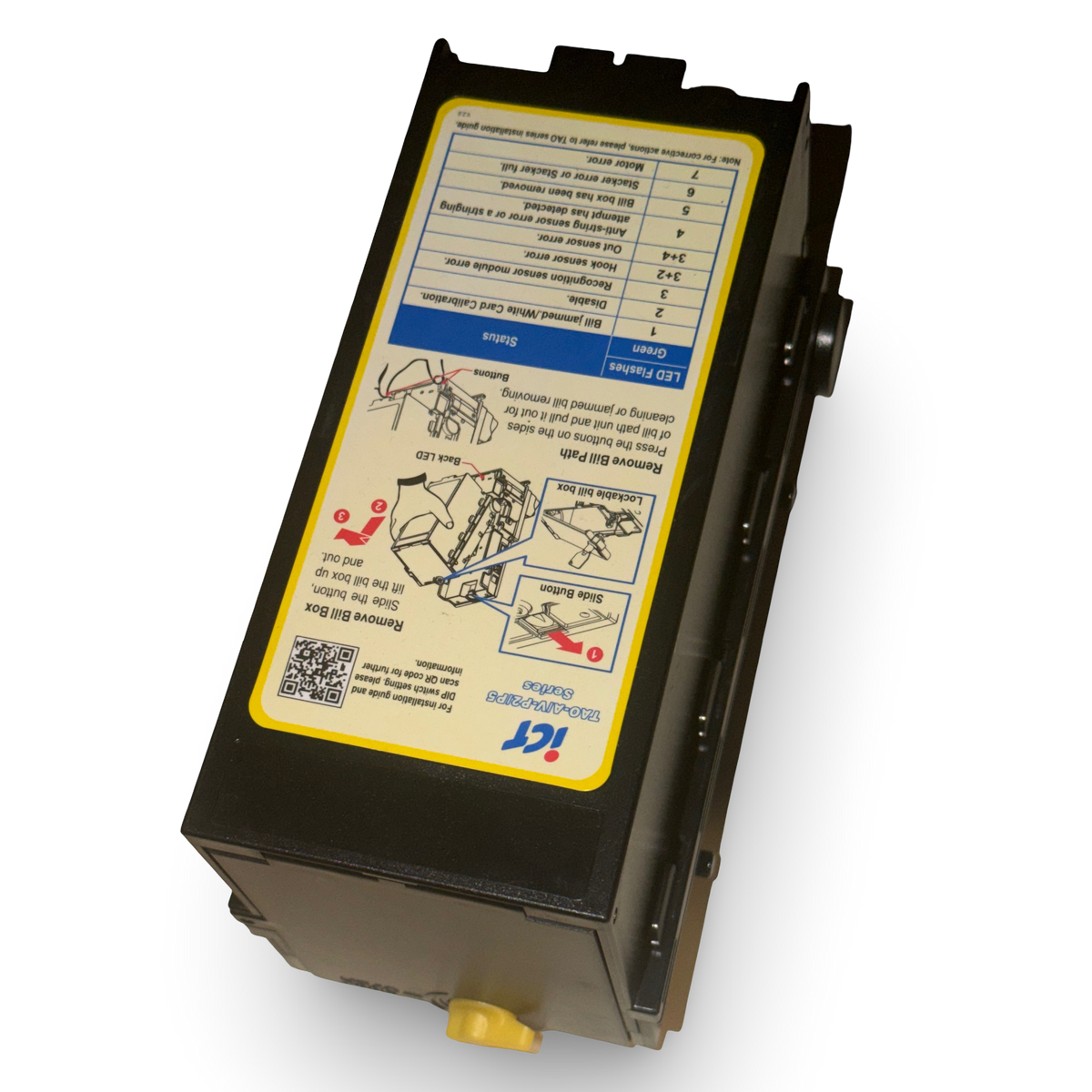 ICT TAO-A/V ST2 200 note cashbox, angled view showing the yellow twist knob release