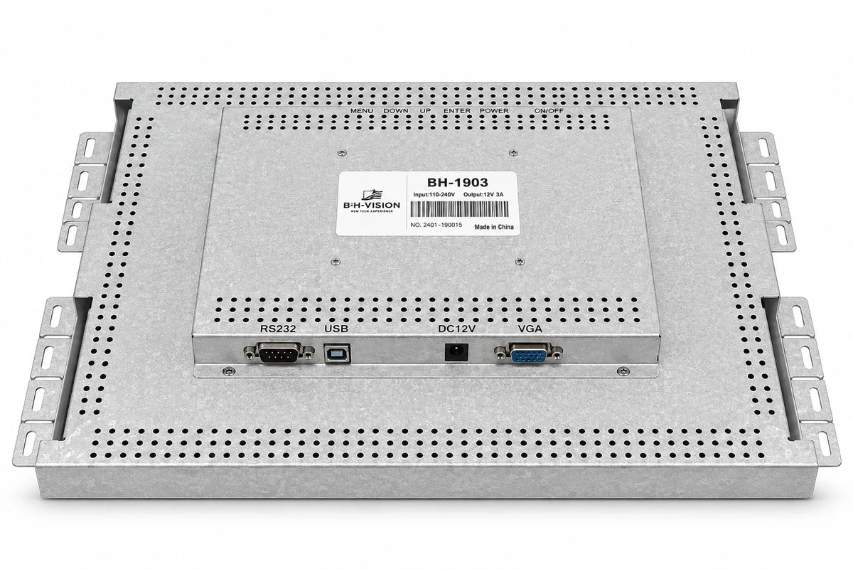 19" BH Vision BH-1903 touch monitor back view showing RS232, USB, DC 12V and VGA ports