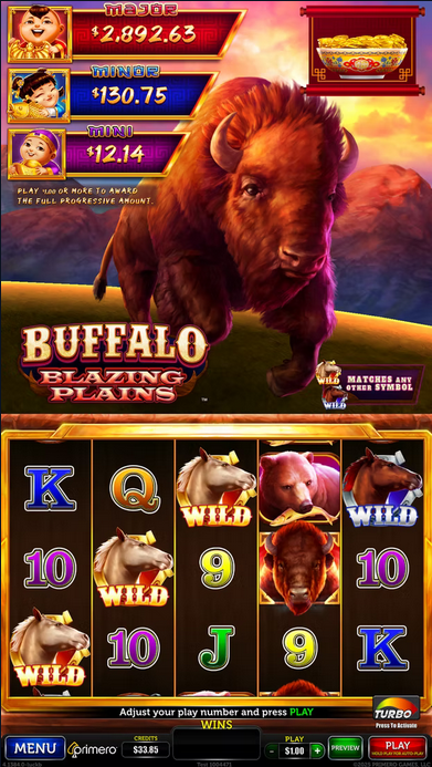 Buffalo Blazing Plains slot game featuring wild buffalo, sunset plains and western symbols