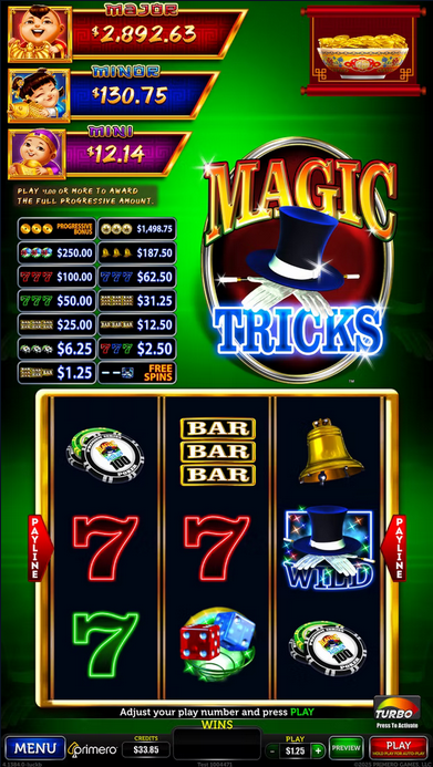 Magic Tricks slot game with magician theme, playing cards, hats and mystical symbols