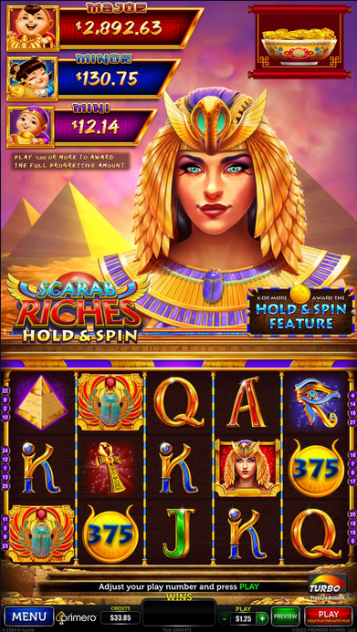 Scarab Riches Egyptian themed slot game with golden scarab, pyramids and ancient treasures