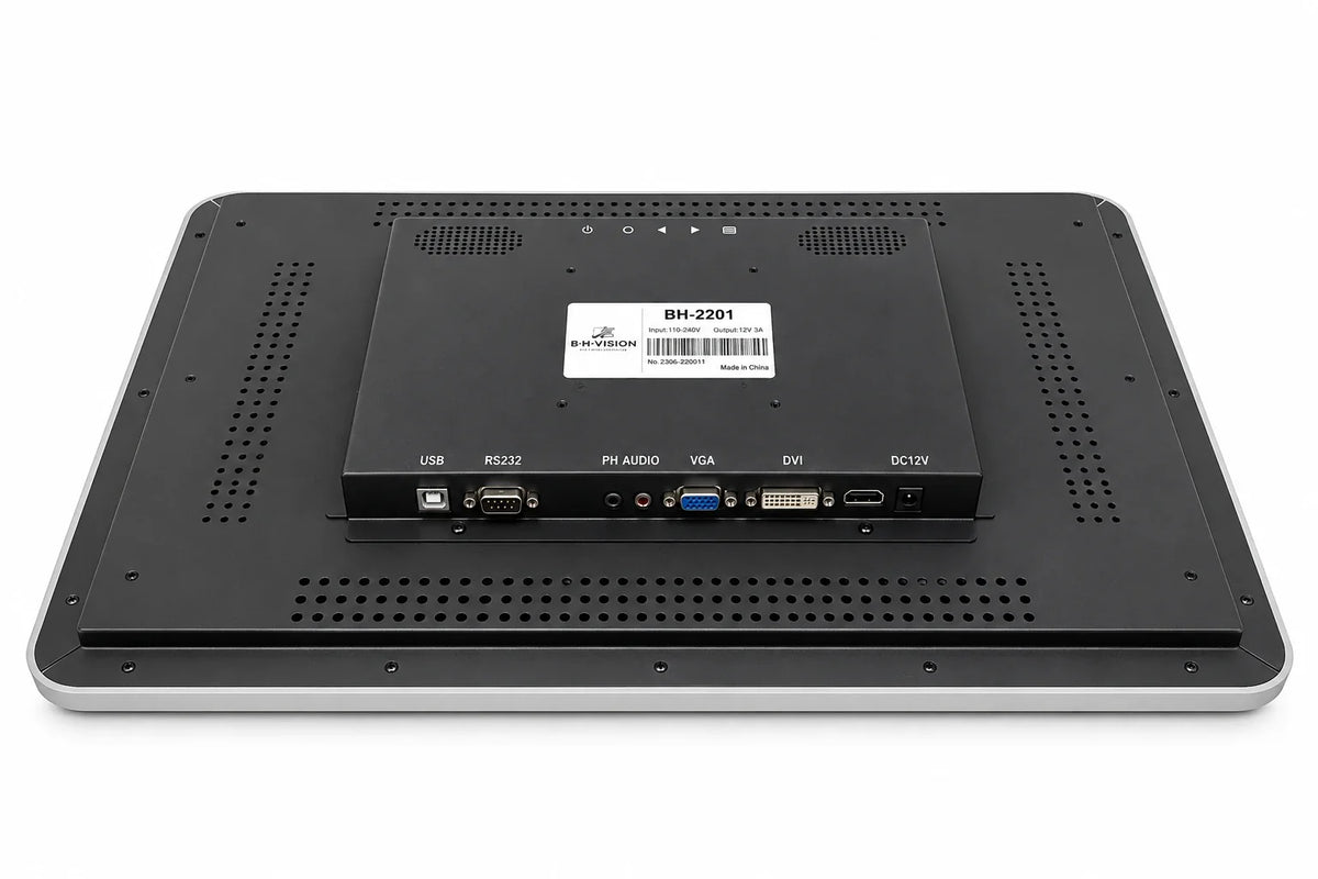 22" BH Vision BH-2201 LED monitor back view showing USB, RS232, audio, VGA, DVI, HDMI and DC 12V ports