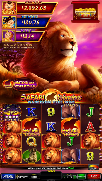 Safari Wonders slot game featuring African wildlife theme with lions, elephants and jungle symbols