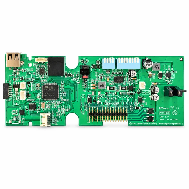 ICT AA436E circuit board for V6E validators, green PCB with STM32 processor, USB socket and gold header pins
