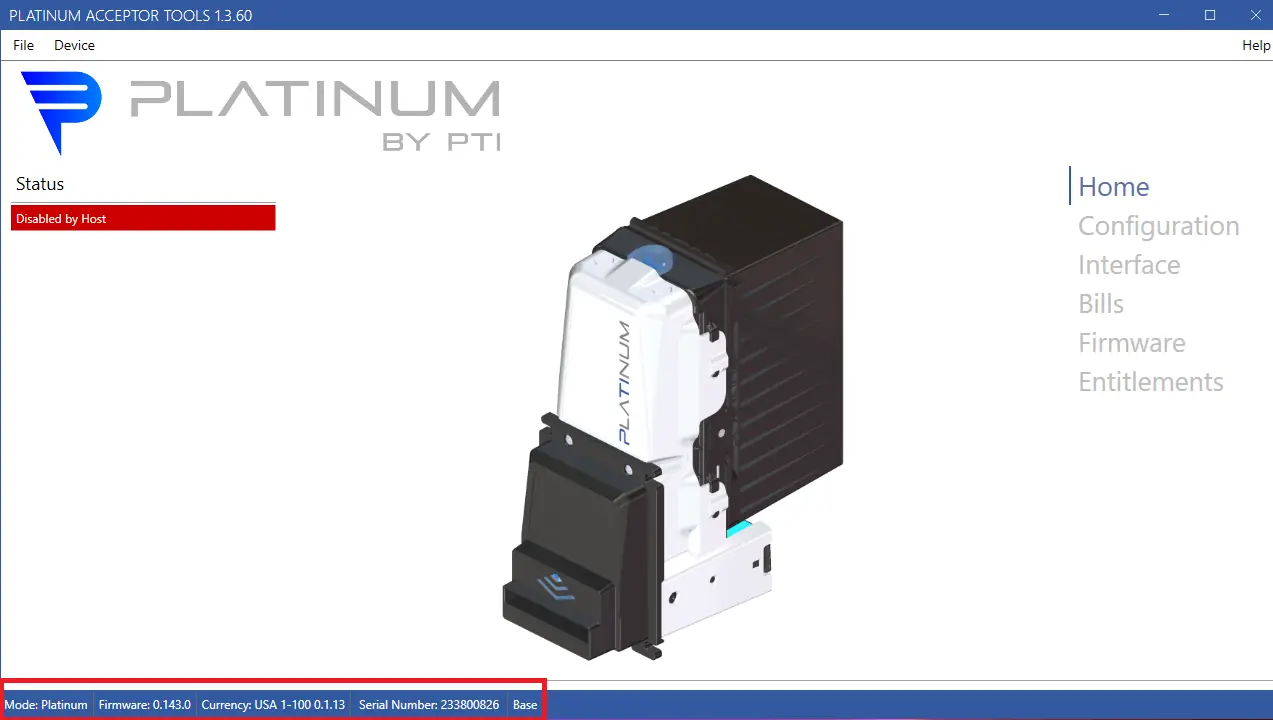 Platinum Acceptor Tools home screen showing firmware version and connection status