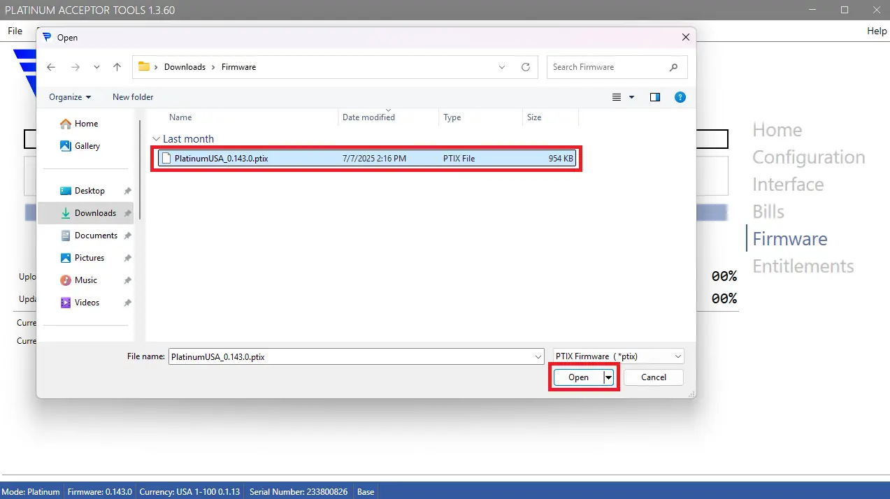 Selecting a .ptix firmware file in Platinum Tools