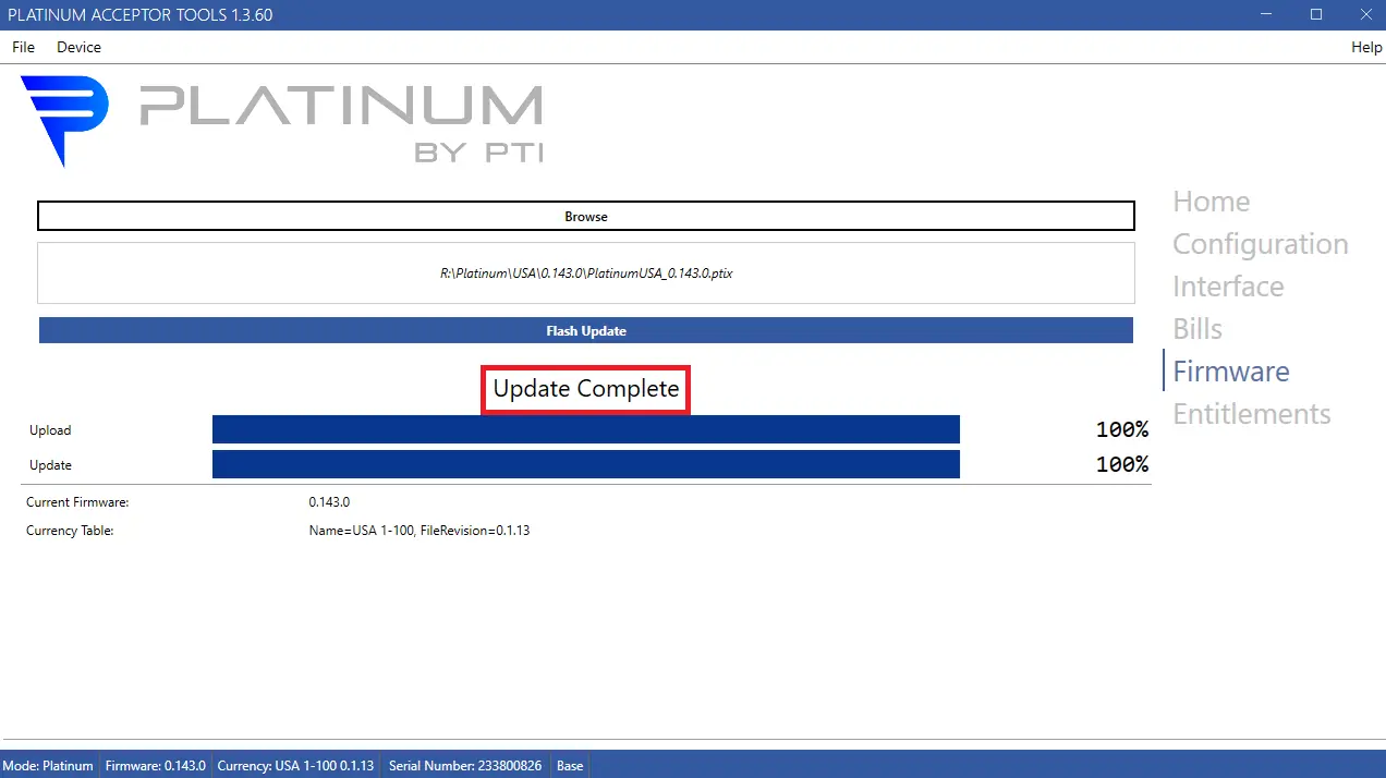 Update Complete message after a Platinum firmware update