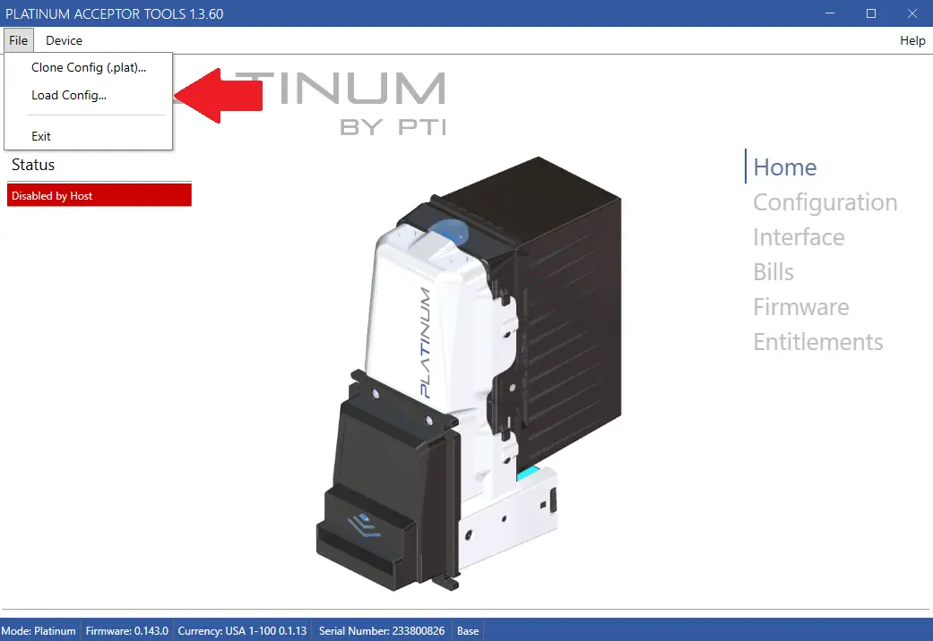 Load Config option in the File menu of Pyramid Platinum Acceptor Tools