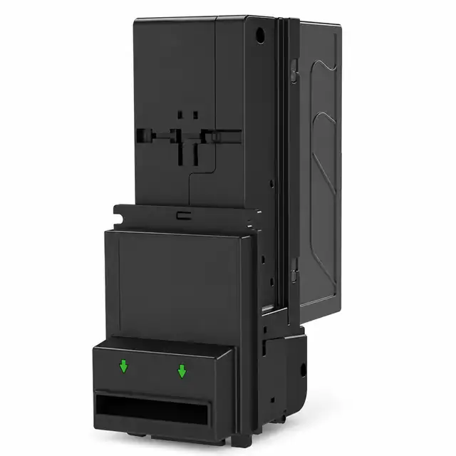 Bellis BV50 bill acceptor by Innovative Technology with 1050-note cash box attached, front bezel view