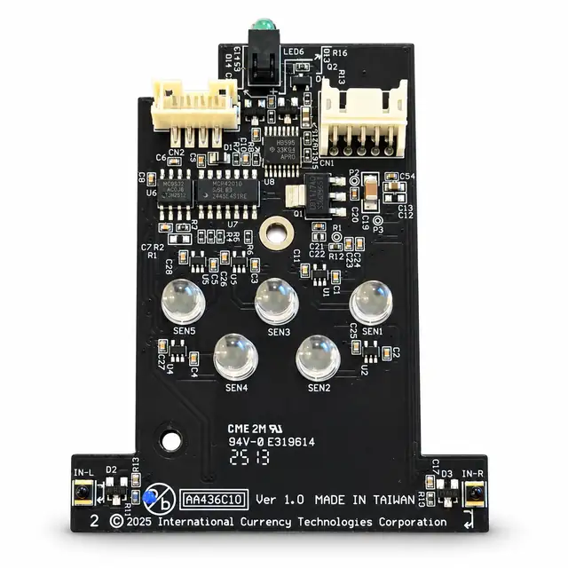 ICT AA436C## LED circuit board for A6E and V6E validators, green status light and sensor windows on a green PCB
