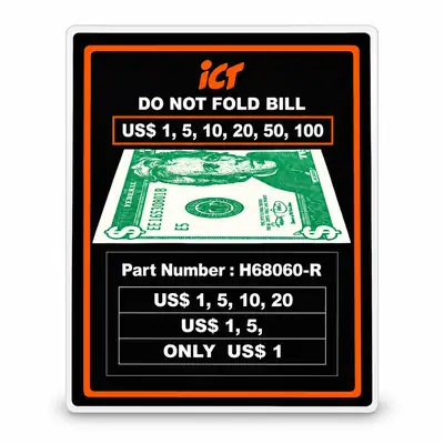 ICT H68060-R Bill Validator Decal - Do Not Fold Bill US$1-$100