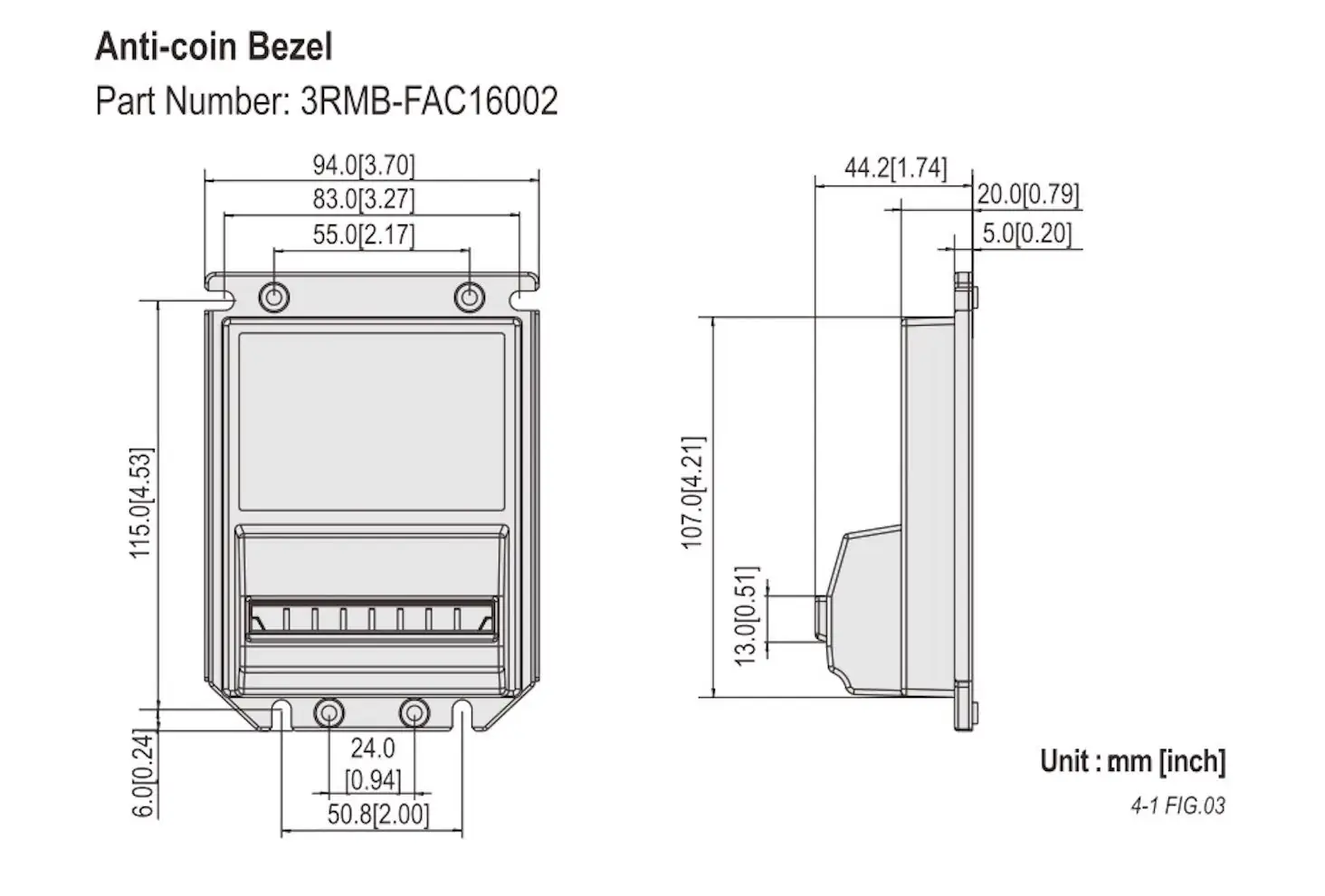 ICT A6E NCP anti-coin downstacker bezel dimensions part number 3RMB-FAC16002